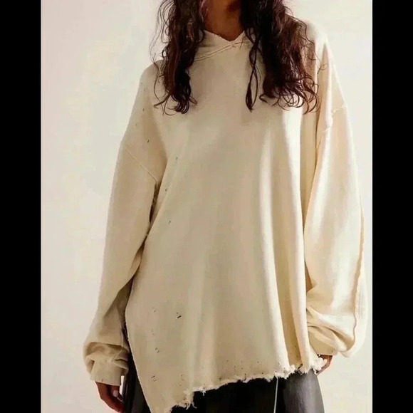 Free People Tops - Free People Everyday Hoodie Size M/Large Distressed Sweatshirt Harbor Fog Ivory